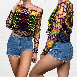 HANDMADE | Rainbow Lace Crochet Long Sleeve Festival Summer Cropped Top
